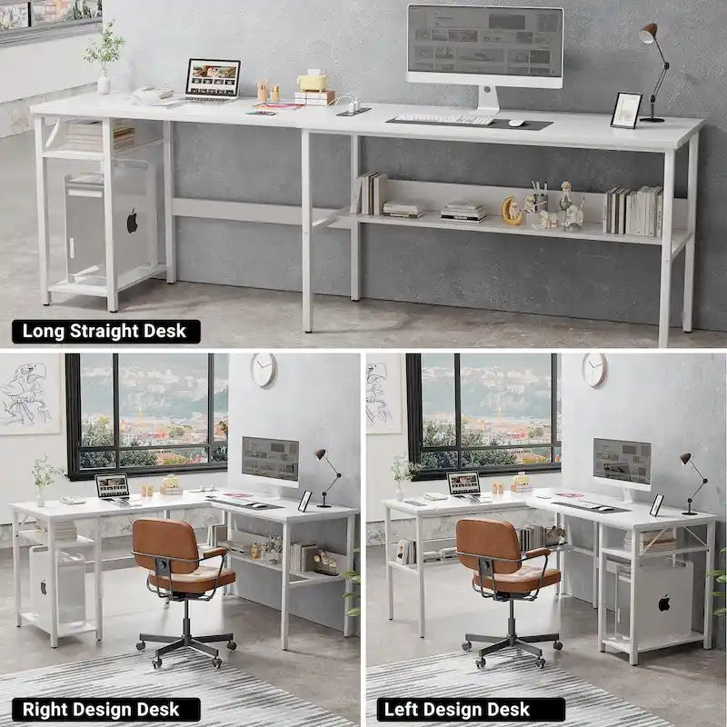 Bureau d'angle réversible avec étagères de rangement et station de charge pour bureau à domicile