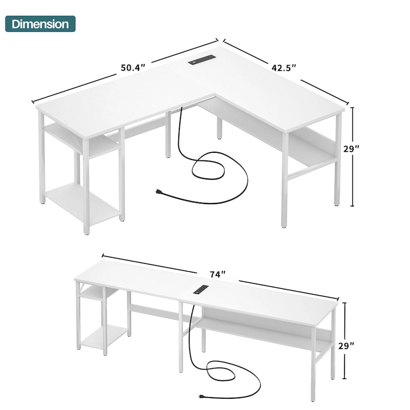 Bureau d'angle réversible avec étagères de rangement et station de charge pour bureau à domicile