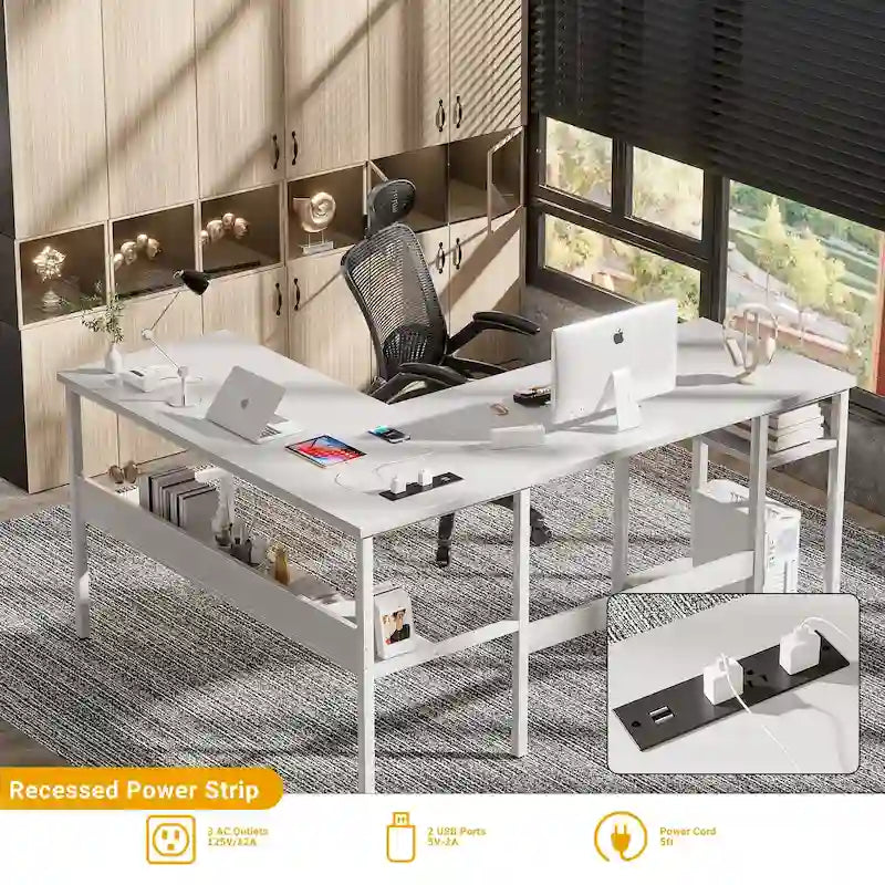 Bureau d'angle réversible avec étagères de rangement et station de charge pour bureau à domicile