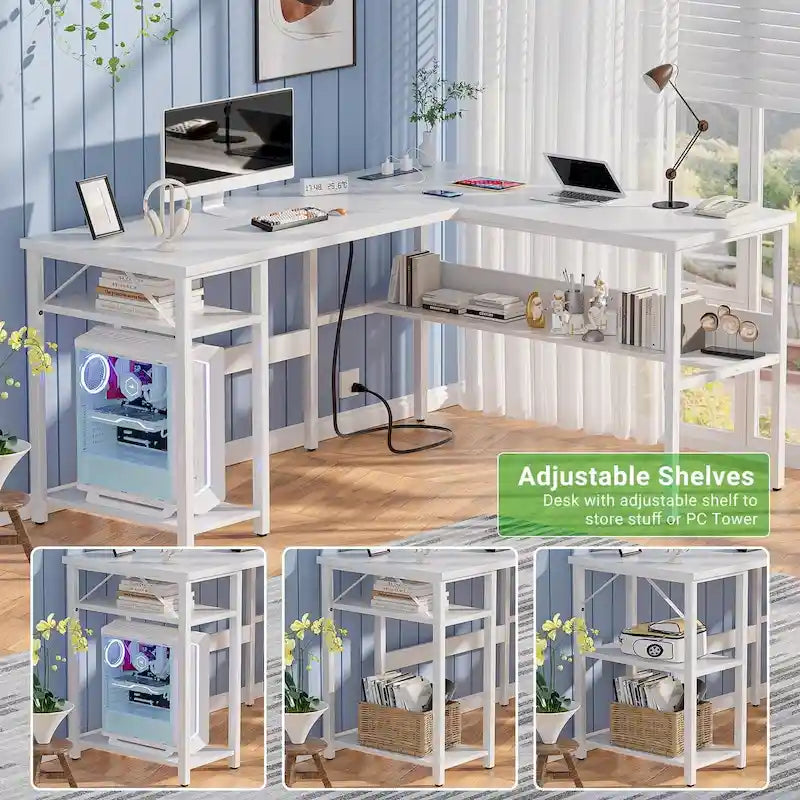 Bureau d'angle réversible avec étagères de rangement et station de charge pour bureau à domicile