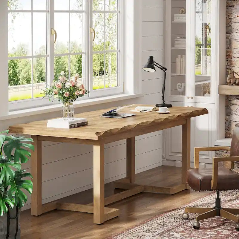 Bureau informatique de 160 cm, Table d'écriture rectangulaire avec pieds en bois massif et plateau épaissi