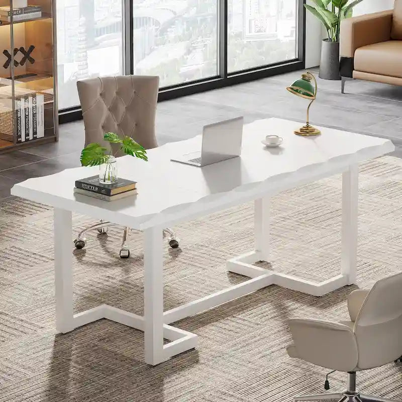 Bureau informatique de 160 cm, Table d'écriture rectangulaire avec pieds en bois massif et plateau épaissi