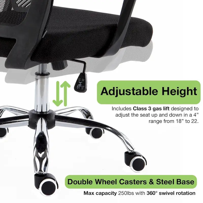 Chaise de bureau ergonomique mi-dossier en maille avec support lombaire et hauteur réglable