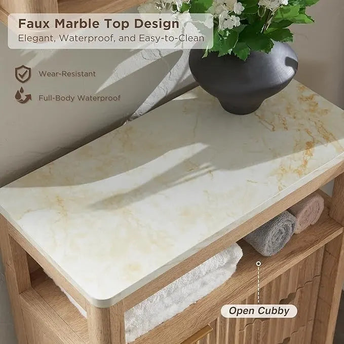 Meuble bas de salle de bain moderne avec plateau aspect marbre, organisateur de rangement