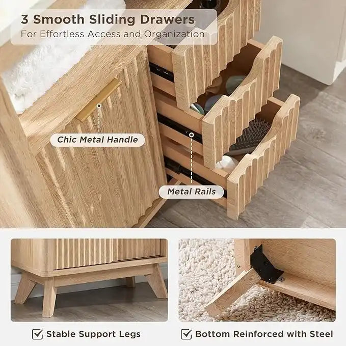 Meuble bas de salle de bain moderne avec plateau aspect marbre, organisateur de rangement