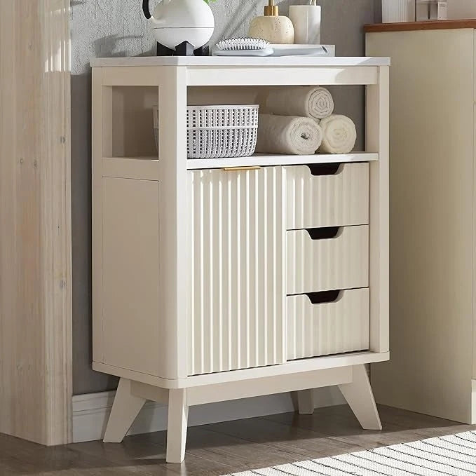 Meuble bas de salle de bain moderne avec plateau aspect marbre, organisateur de rangement