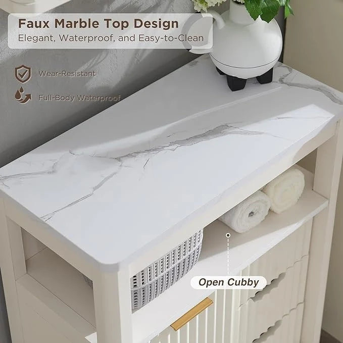 Meuble bas de salle de bain moderne avec plateau aspect marbre, organisateur de rangement
