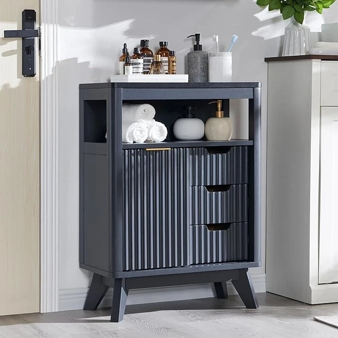 Meuble bas de salle de bain moderne avec plateau aspect marbre, organisateur de rangement