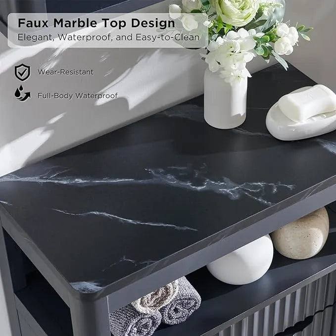 Meuble bas de salle de bain moderne avec plateau aspect marbre, organisateur de rangement
