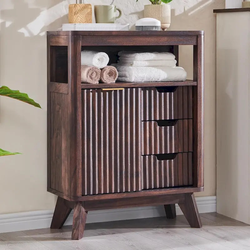 Meuble bas de salle de bain moderne avec plateau aspect marbre, organisateur de rangement
