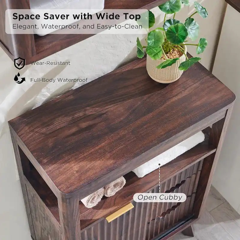 Meuble bas de salle de bain moderne avec plateau aspect marbre, organisateur de rangement