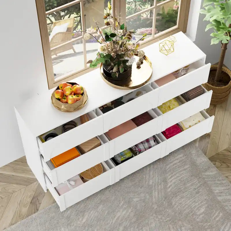 Commode de rangement blanche à 9 tiroirs avec design élégant et dispositif anti-basculement