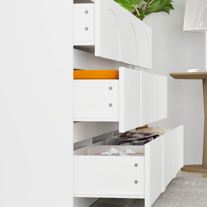 Commode de rangement blanche à 9 tiroirs avec design élégant et dispositif anti-basculement